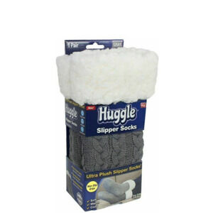 Huggle Socks Premium Fleece Slipper Socks Non-Slip Grips Gray NWT